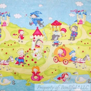 BonEful Fabric Cotton Quilt Panel L Blue Pink Princess Scenic Castle Horse Water - Picture 1 of 9