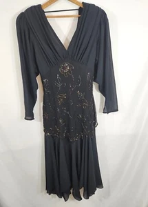 Vintage 80s Elegant Casadei Rouched Black Beaded Dynasty Cocktail Dress 8 - Picture 1 of 6