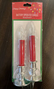 Holiday Battery Operated Candles Red w/ Silver Candlestick -Set Of 2 - NEW