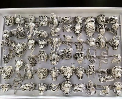 Bulk lots 50pcs Dragon Elephant Snake Owl Animal Skull Men Punk Rocker Rings - Image 1 of 4