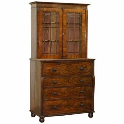 RARE VICTORIAN FLAMED MAHOGANY LIBRARY BOOKCASE SECRETAIRE DESK CHEST OF DRAWERS - Image 1 of 4