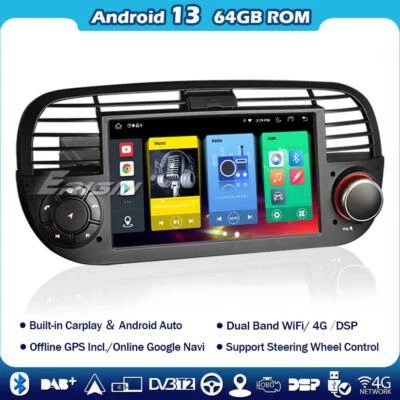 8-Kern Android 14 Carplay DAB+Autoradio GPS Fiat 500 500C 500S 500E DSP DVR 64GB - Bild 1 von 4