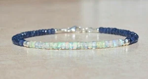 Precious Sapphire & Ethiopian Opal Beads Bracelet Jewelry 925 Silver Clasp 7.5"  - Picture 1 of 4