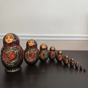 Nestpuppe 10-teiliges Set Märchen 9 Zoll groß signiert russisch 1995 rot & schwarz Vintage - Bild 1 von 14