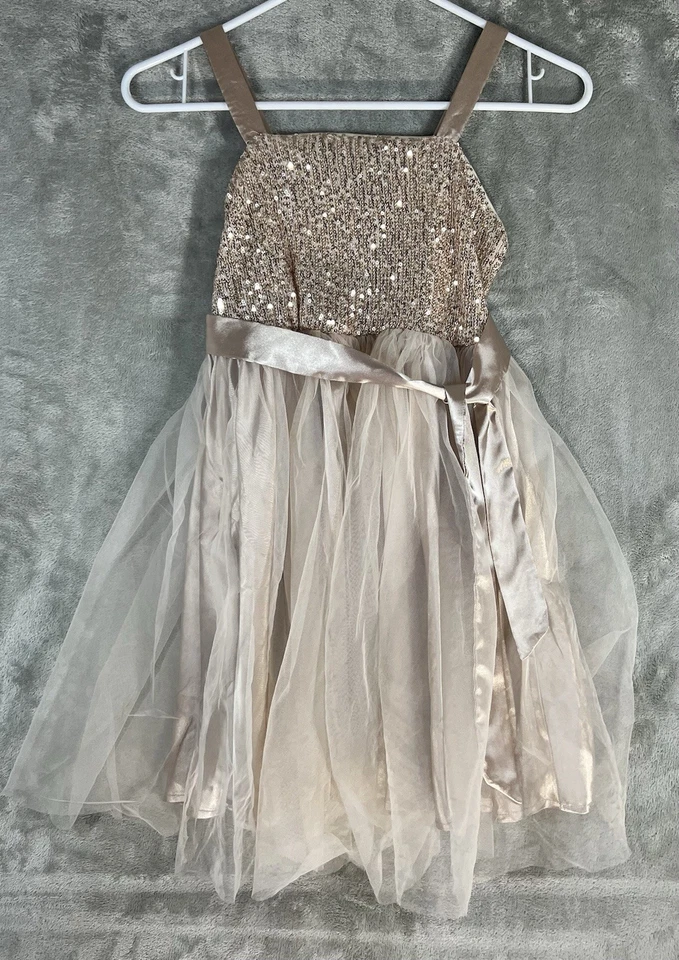 Vestido Niñas Talla 8 Años Pequeño Sin Mangas Tirantes Lentejuelas Beige Foto 1 de 4