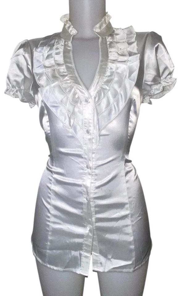 Top Y2k Años 90 Mujer Estilo Victoriano Marfil Satinado Volantes Gótico Grunge Bruja Talla L Foto 1 de 4