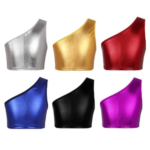 Girls Boys Shiny Metallic Crop Top One Shoulder Sleeveless Vest Tops Dancewear - Picture 1 of 67