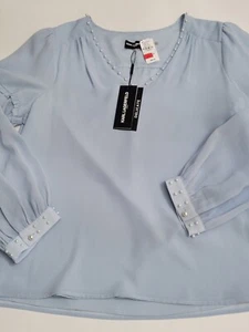 NWT Karl Lagerfeld Paris Size XL Light Blue Long Sleeve Top Blouse Pearl Accents - Picture 1 of 16