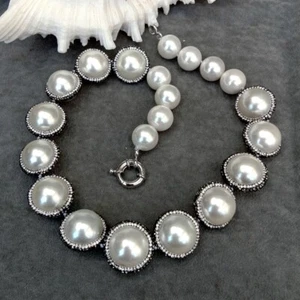 Big Statement Necklace White Sea Shell Pearl Black Crystal Pave Women Jewelry - Picture 1 of 6