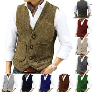 Men Hunting Waistcoat Tweed Vest Herringbone GroomsmanVintage Wedding Retro Wool - Picture 1 of 27