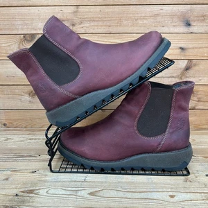 Fly London Boots Womens Size UK 6 Salv Burgundy Pebbled Leather Wedge Chelsea - Picture 1 of 13