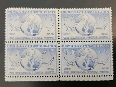 1949 US Scott #C43 Plate Block 15c Airmail Globe and Doves Carrying Messages MNH - Image 1 of 2
