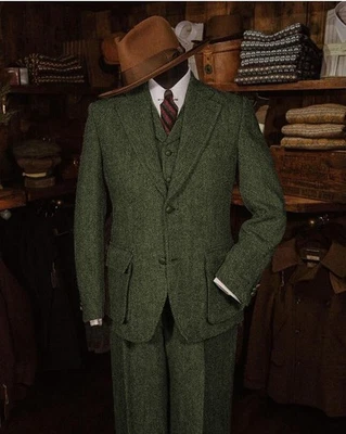 Esmoquin de negocios de mezcla de lana de invierno espiga vintage de trajes de tweed 3 piezas para hombre Foto 1 de 4