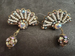 Vintage Fan Drop ClipOn Earrings Faux Pearl Rhinestone Gold Tone Costume Jewelry - Picture 1 of 4