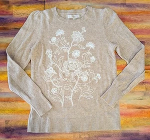 ⭐LOFT Womens Sweater Long Sleeve Pullover Floral Embroidered Oatmeal Puff Sleeve - Bild 1 von 8
