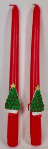 2 Christmas Taper Candles Red Green Trees in OB 10in NOS Vintage - Picture 1 of 5