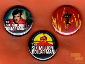Set aus drei 1" Six Million Dollar Man TV Serie Pins Buttons Lee Majors  - Bild 1 von 2