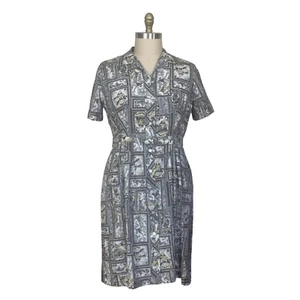 Vintage 1950s Plus Size Chartreuse Gray White Novelty Print Cotton Day Dress - Picture 1 of 6