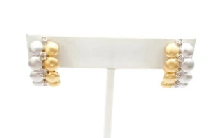 14k Yellow White Gold Diamond Flower Omega Back Earrings - Picture 1 of 10