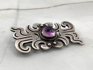 Vintage Taxco 980 Fine Silver Amethyst Purple Stone Brooch Pin Twisted Western