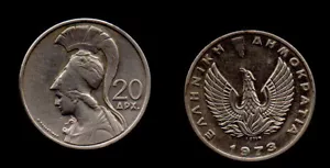 Greece. 20 drachmas Coin 1973 L@@K, Goddess Athena Phoenix, Greek Military JUNTA - Picture 1 of 8