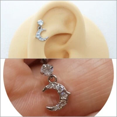 Piercing orecchino acciaio chirurgico trago helix luna stella ciondolo zircone - Immagine 1 di 4