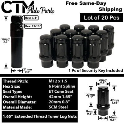 20x Black 1.6" Tall 12x1.5 ET Style Spline Tuner Lug Nut Fit Toyota Scion Lexus - Изображение 1 из 3