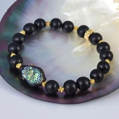 7.25 in Bracelet Ebony, Abalone Snake Head Bead Gold Vermeil Sterling Silver 17g - Image 1 of 4