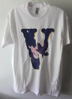 Gildan Heavy Cotton Graphic T-Shirt M White w Purple V Print Doves Short Sleeve - Image 1 of 4