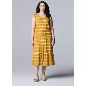 NWT Simply Vera Vera Wang Tiered Midi Dress Maxi Linen Blend Gold Stripe Size S - Picture 1 of 2