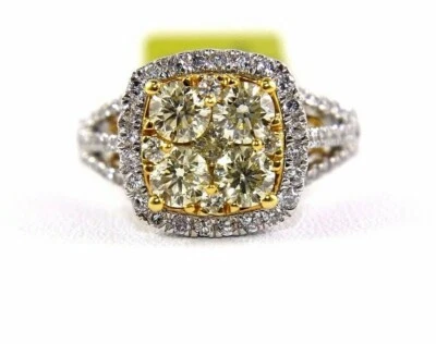 Anillo puente cuadrado con racimo de diamantes amarillos redondos naturales de oro blanco de 14 k de 2,30 quilates Foto 1 de 4