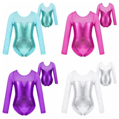 IEFIEL Body de ballet metálico para niña camiseta de baile manga larga pedrería body para gimnasia