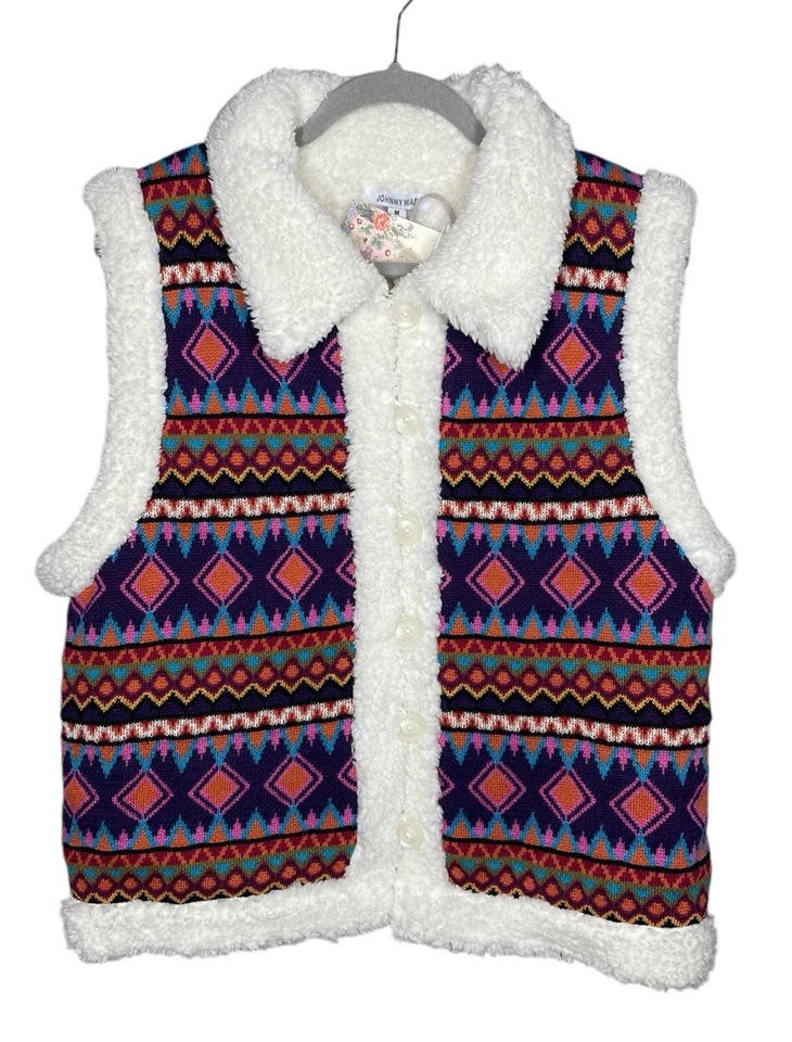 Johnny Was XL Yuya Sherpa Reversible Vest Alpaca Blend Print Ivory Jacket $398 - Image 1 of 4