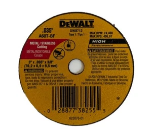 DeWALT Type 1 Metal Stainless A60T-BF Cutting Wheel 3" x .035" x 3/8" DW8712 - Picture 1 of 2