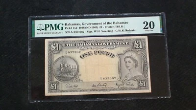 1936 (ND1963) BAHAMAS GOVERNMENT PMG VF20 ONE POUND NOTE 1P Bill BUY IT NOW! - Image 1 of 4