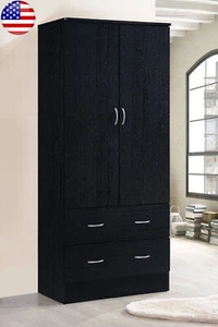 Two Door Wardrobe W/ Two Drawers Hanging Rod Clothing Bar Any Room Durable Black - Picture 1 of 8
