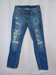 True Religion Mens 28L W30 Straight Jeans Flaps Pockets White Stitch Light Blue - Picture 1 of 12
