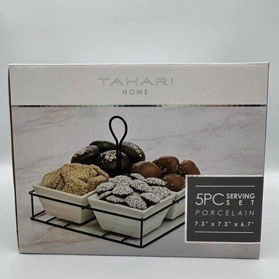 Tahari Home 5 шт. сервировочный набор фарфоровые квадратные чаши с металлической стойкой новый - Изображение 1 из 4