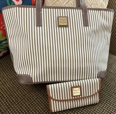 Dooney Bourke Bundle Gray White Stripes Seaview Tote & Continental Clutch Wallet - Image 1 of 4