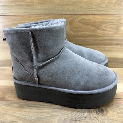 UGG Ultra Mini Platform Womens Boots 8 Gray Suede Shearling Fur Lined - Image 1 of 4