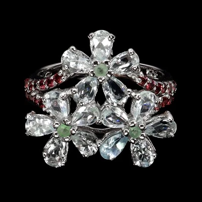 925 Sterling Silver Ring Pear Aquamarine Emerald Garnet Gemstone Jewelry Size 9 - Image 1 of 4
