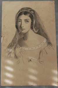 Alte Zeichnung einer Nonne aus dem 19. Jahrhundert signiert R. Cortambert - Bild 1 von 6