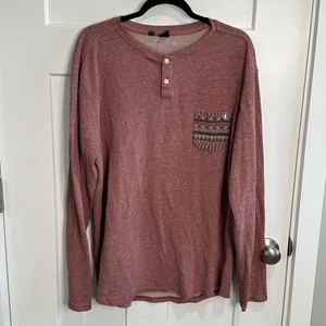 Volcom Henley Mens XL Red Cotton Blend Aztec Pocket Long Sleeve Logo Cowboy - Picture 1 of 11