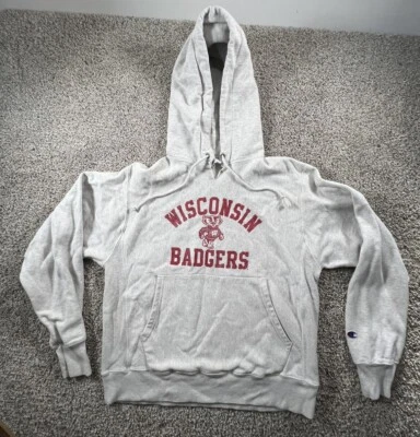 Sudadera con capucha vintage Wisconsin Badgers para hombre M gris campeón tejido inverso deletreado Foto 1 de 4