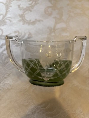 Vintage Green Clear Glass Etched Flower Two Handle Sugar Bowl - Image 1 of 4