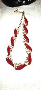 Womens vintage goldtone and red enamel  necklace with earrings - Picture 1 of 5