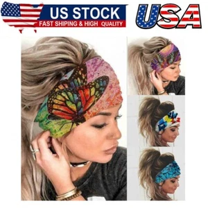 Wide Boho Headbands Headwrap Butterfly Stretch Button Hair Bands Bandana Yoga - Picture 1 of 6