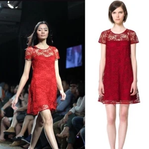 ZARA Vestido Rojo Encaje Borgoña Floral Crochet Superpuesto Manga Corta Vestido M - Imagen 1 de 7