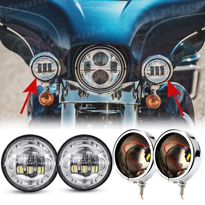 Chrome 4-1/2" Auxiliary Fog Passing Lights & Housing Bucket For Harley Davidson - Image 1 of 4