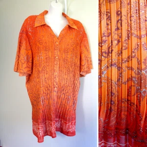 Orange Paisley Pleated Shirt Womens 2X Plus Poly Button SS Maggie Barnes - Picture 1 of 7
